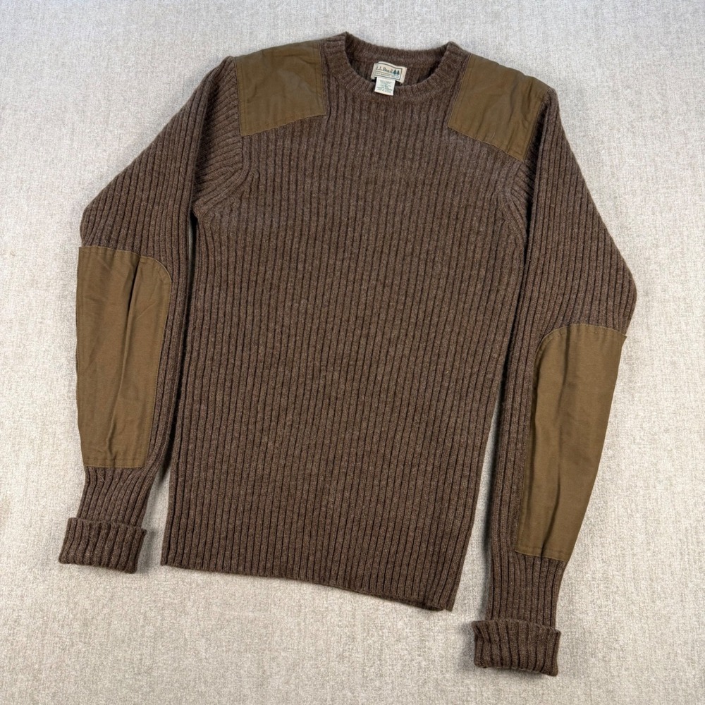 LL Bean Commando Sweater Mens M Brown Merino Lambswool Patch Ribbed Knit